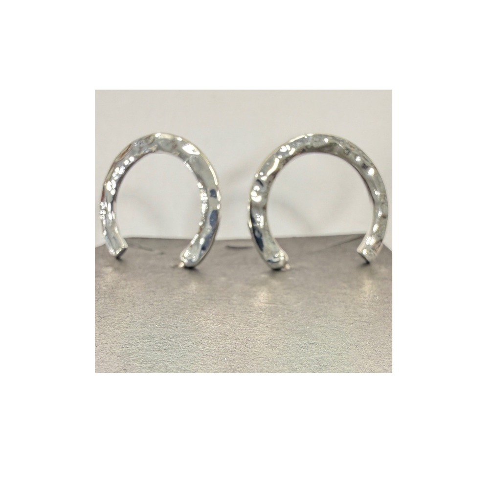 Hammered Hoop Earrings Silver Tone Textured Open C Shape Shiny